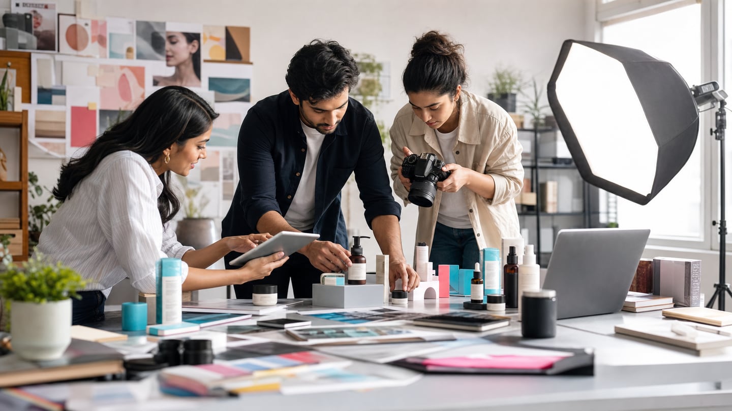 Brand, content, campaigns, and marketplace execution with a shared visual language.